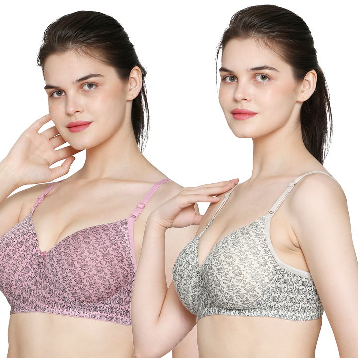 Printed Nylon Light Padded Fabric T Shirt Bra Set of 2